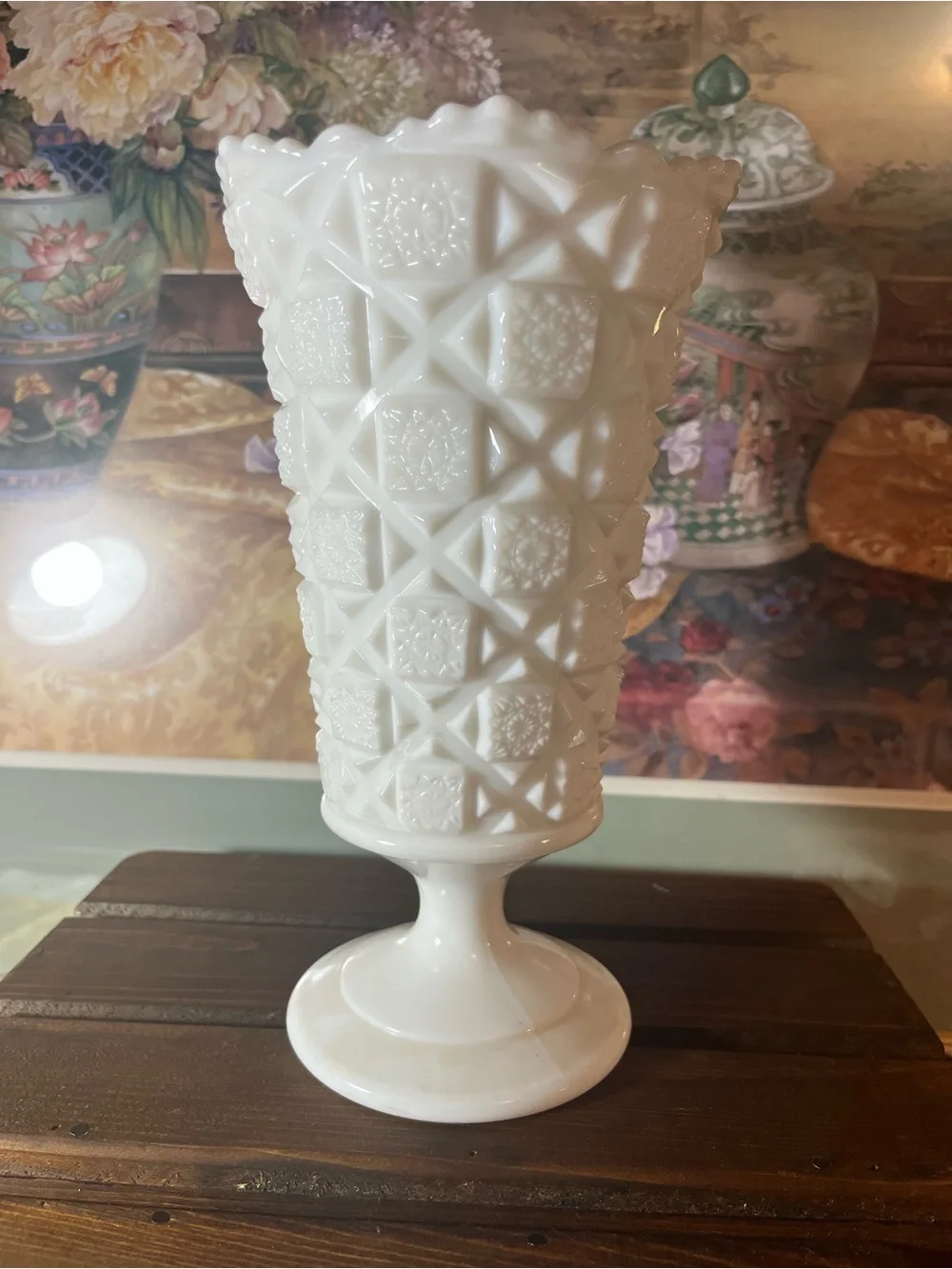Classic White Milk Glass Pedestal Vase old quilt pattern by Westmoreland